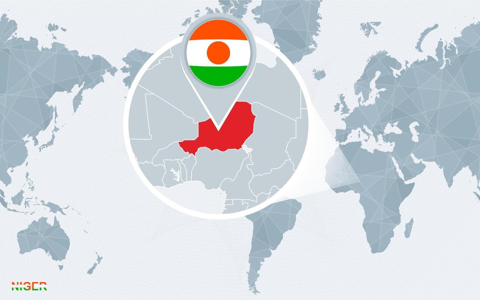 mundo mapa centrado en America con magnificado Níger. vector