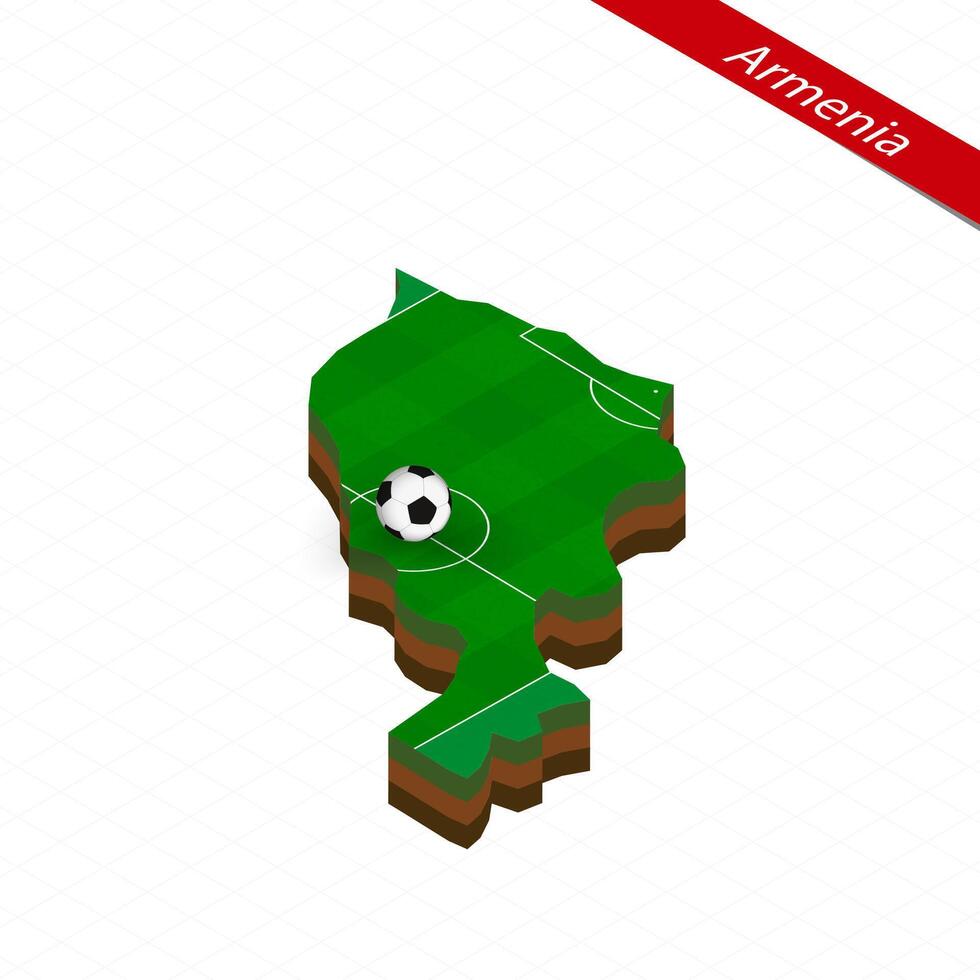 Isometric map of Armenia with soccer field. Football ball in center of football pitch. vector