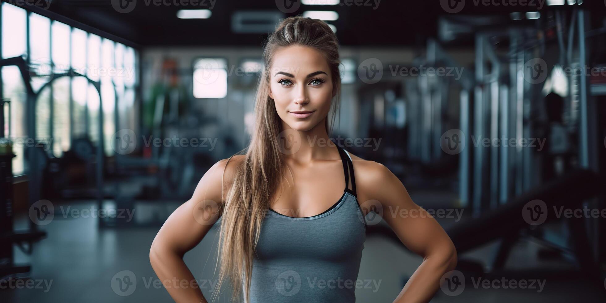 AI generated Fit sporty woman girl female athlete at gym background in good shape and sport outfit. Portrait face with photo