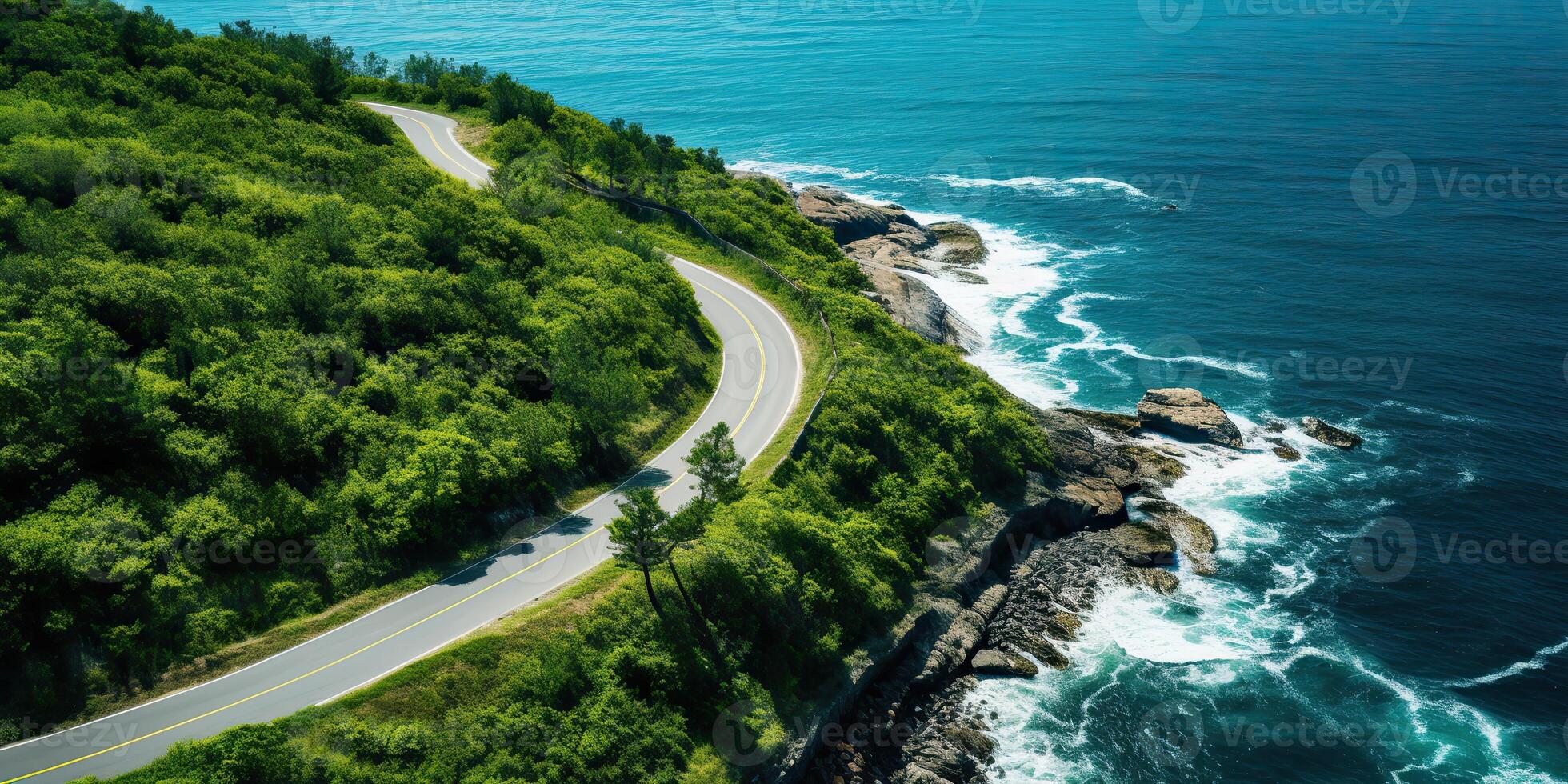 AI generated Beautiful nature outdoor adventure road trip travel road path highway with ocean sea coast photo