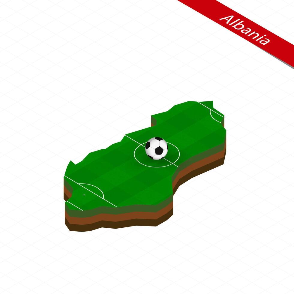Isometric map of Albania with soccer field. Football ball in center of football pitch. vector