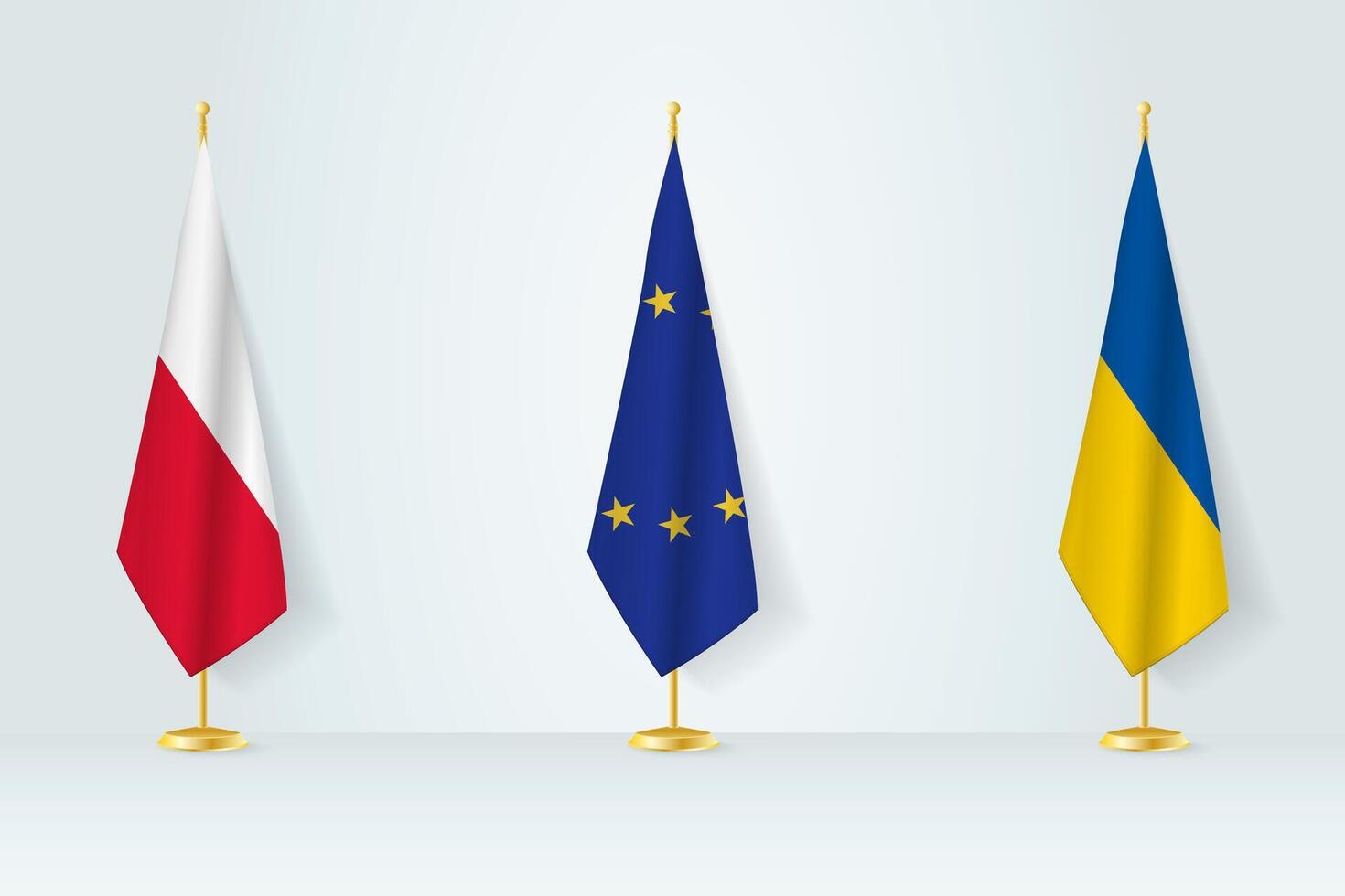político reunión de gobiernos banderas de Polonia, europeo Unión y Ucrania. vector