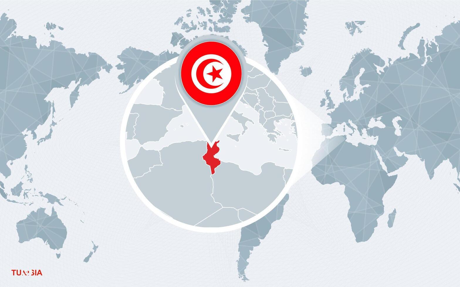 World map centered on America with magnified Tunisia. vector