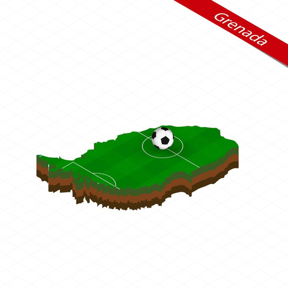 Isometric map of Grenada with soccer field. Football ball in center of football pitch. vector