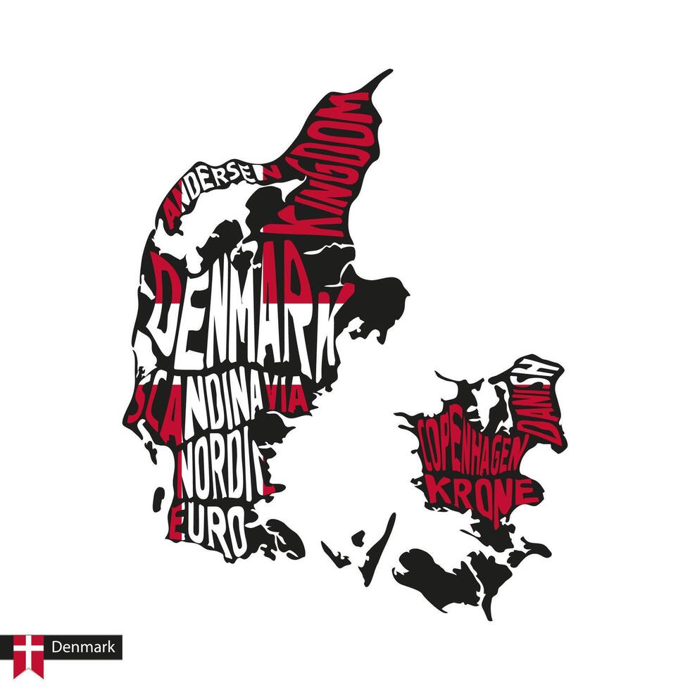 Typography map silhouette of Denmark in black and flag colors. vector