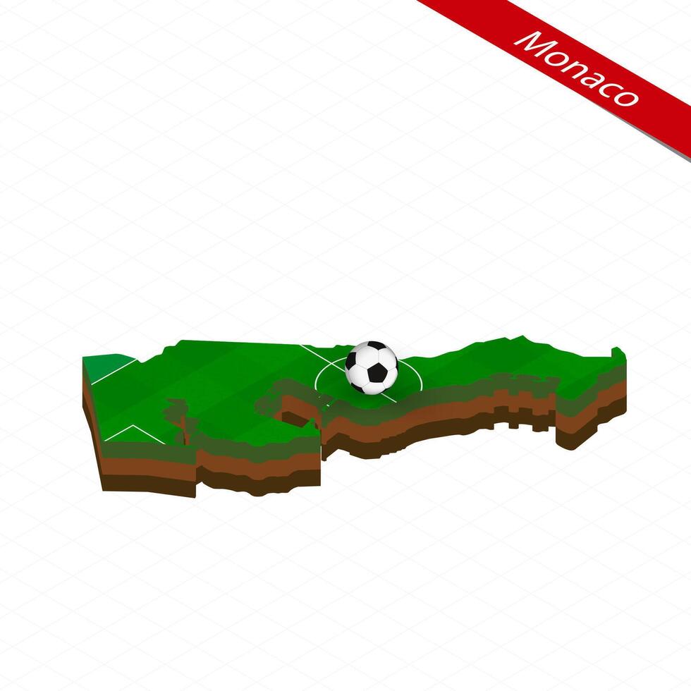 Isometric map of Monaco with soccer field. Football ball in center of football pitch. vector