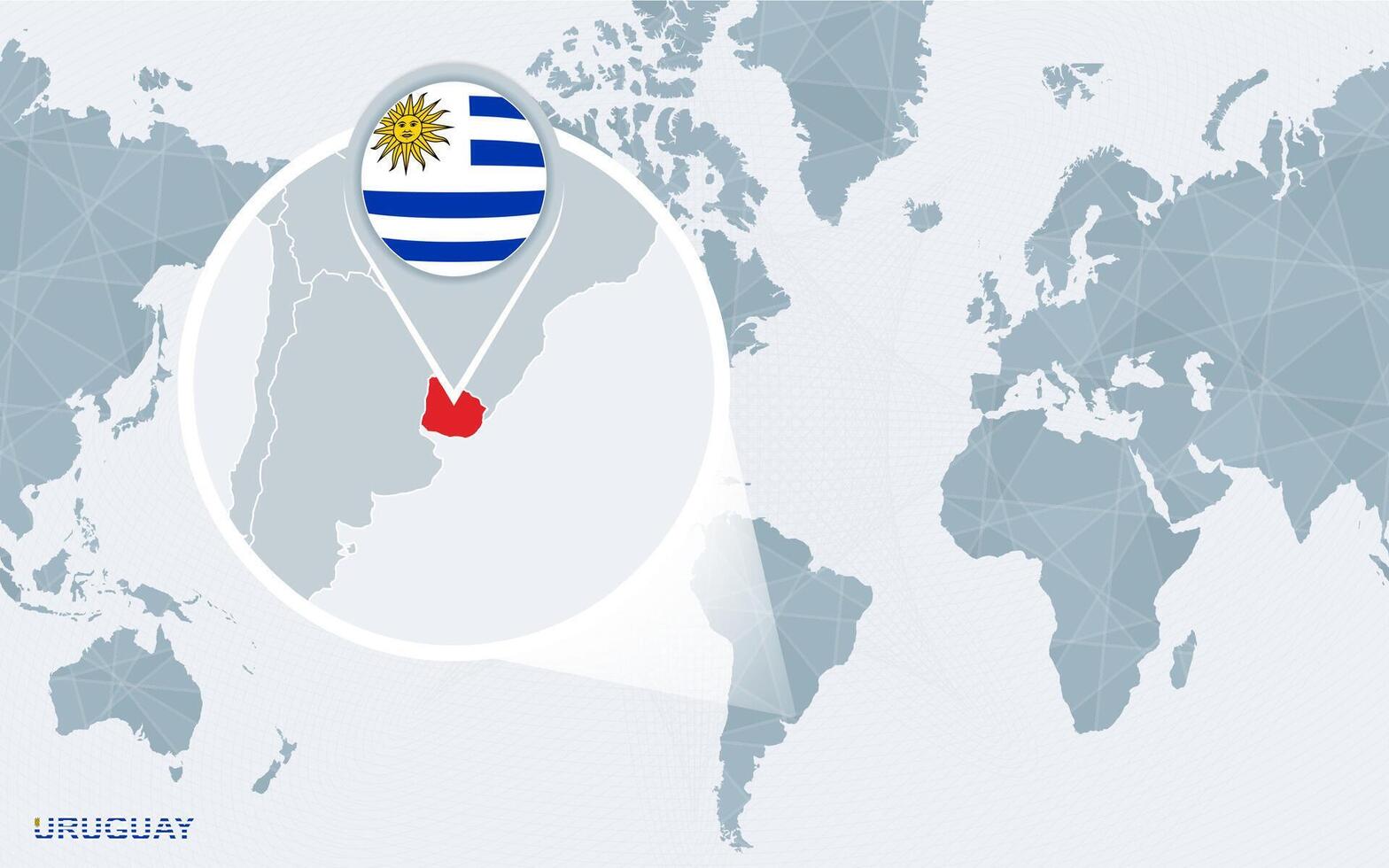 World map centered on America with magnified Uruguay. vector