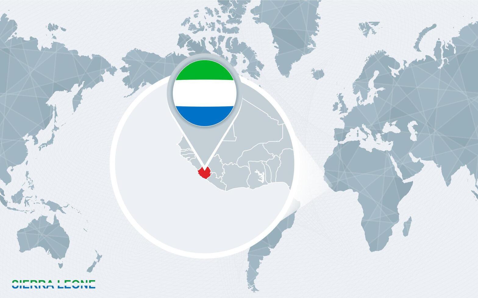World map centered on America with magnified Sierra Leone. vector