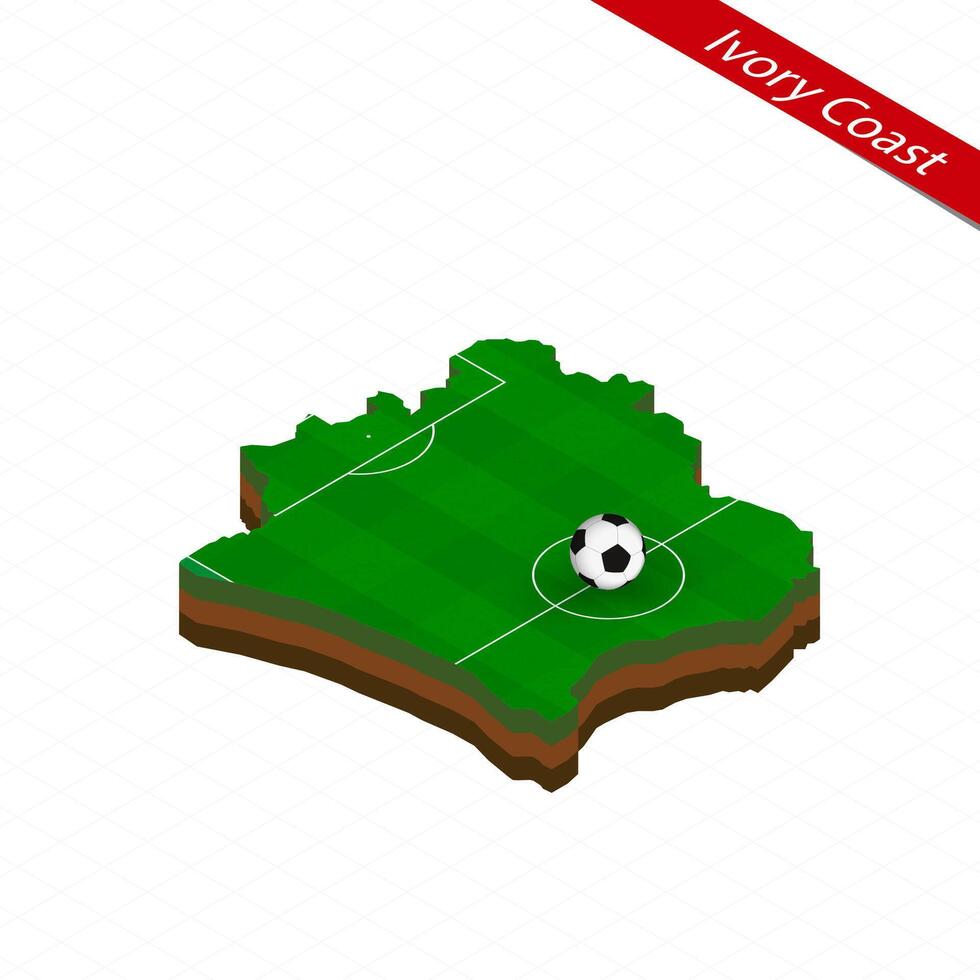 Isometric map of Ivory Coast with soccer field. Football ball in center of football pitch. vector