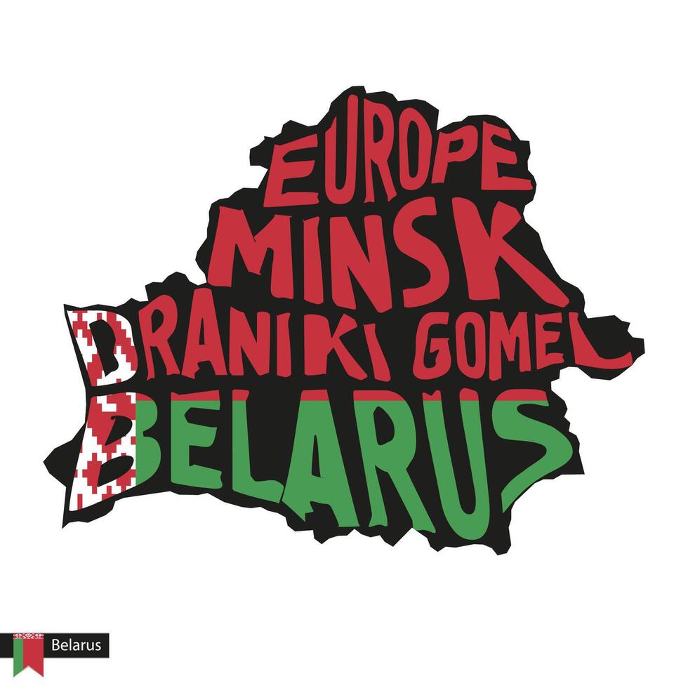 tipografía mapa silueta de bielorrusia en negro y bandera colores. vector