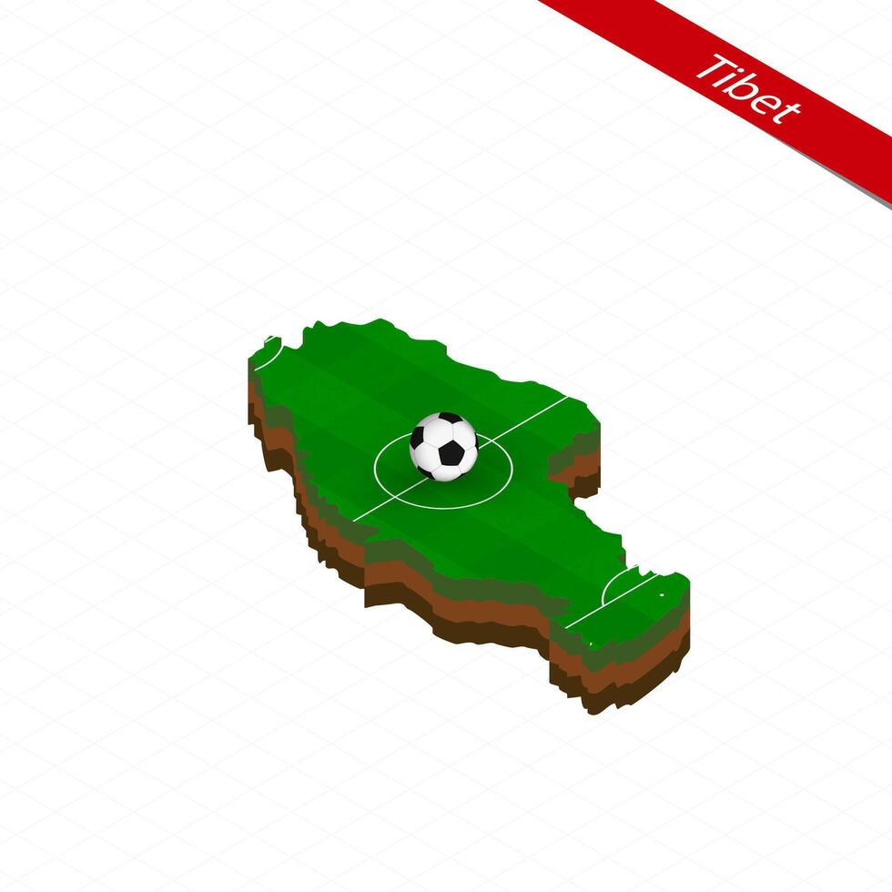 Isometric map of Tibet with soccer field. Football ball in center of football pitch. vector