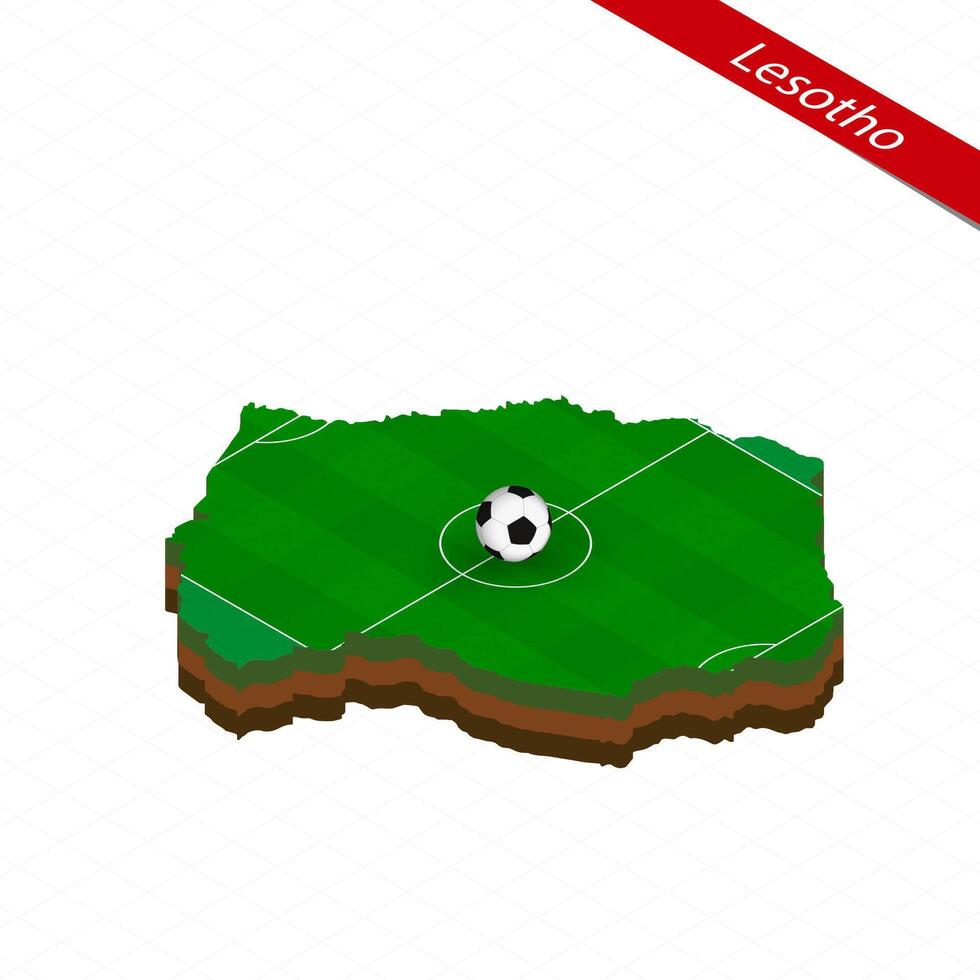 Isometric map of Lesotho with soccer field. Football ball in center of football pitch. vector
