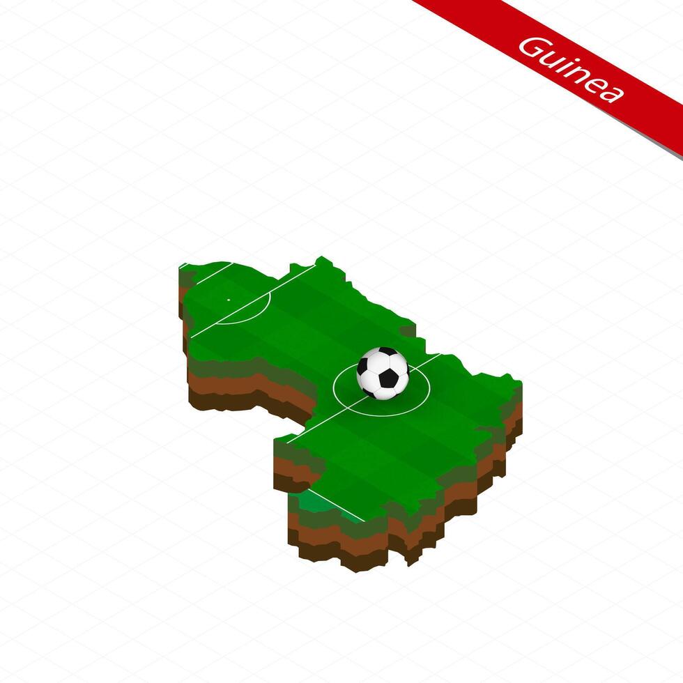 Isometric map of Guinea with soccer field. Football ball in center of football pitch. vector