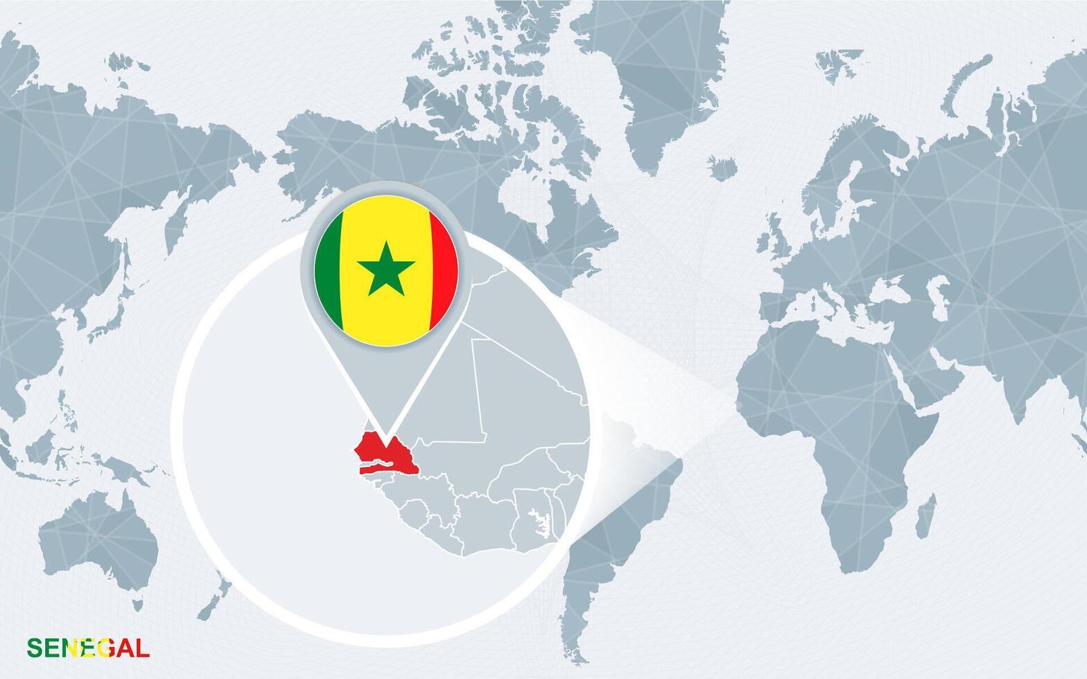 World map centered on America with magnified Senegal. vector