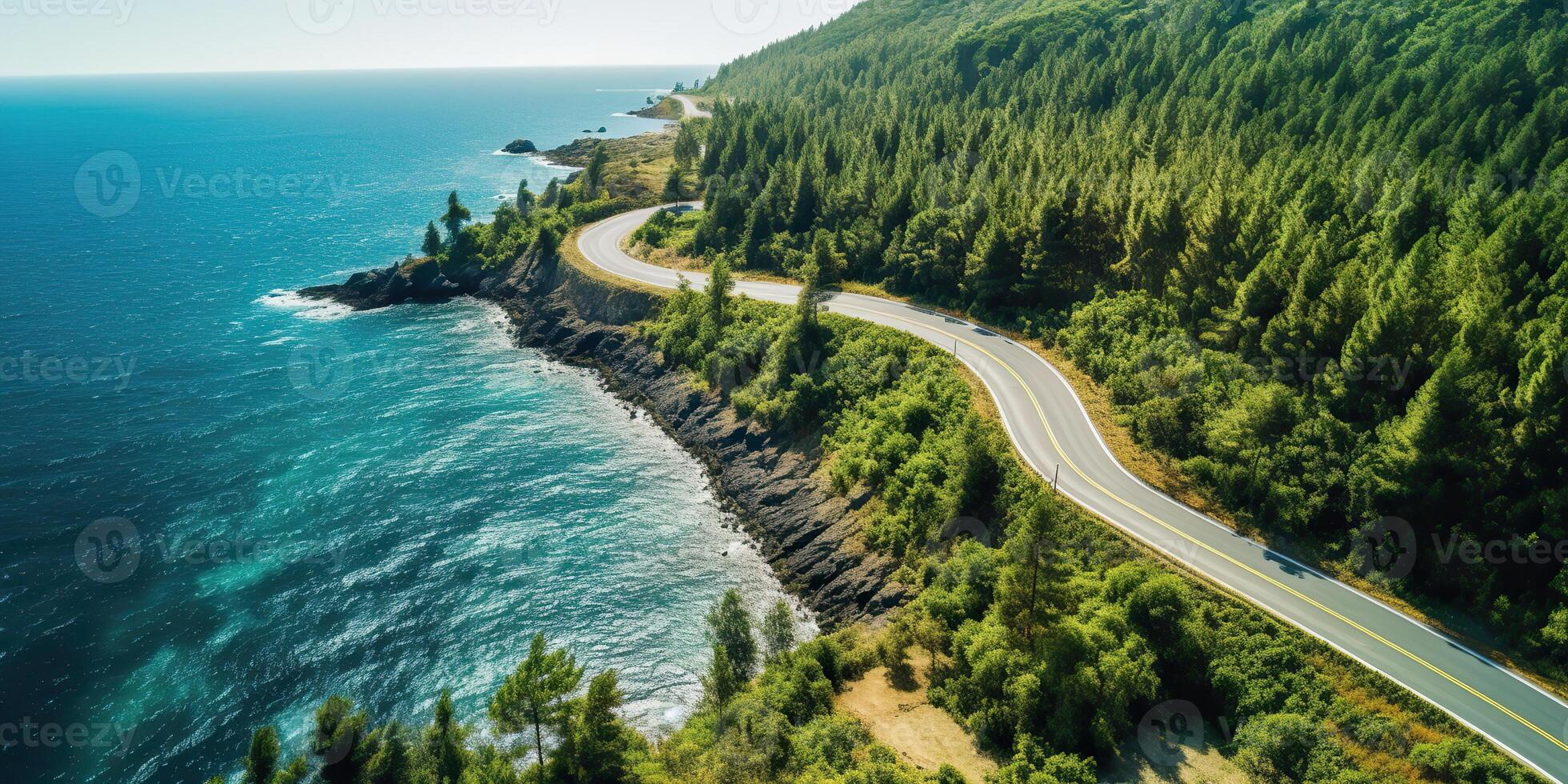 AI generated Beautiful nature outdoor adventure road trip travel road path highway with ocean sea coast photo