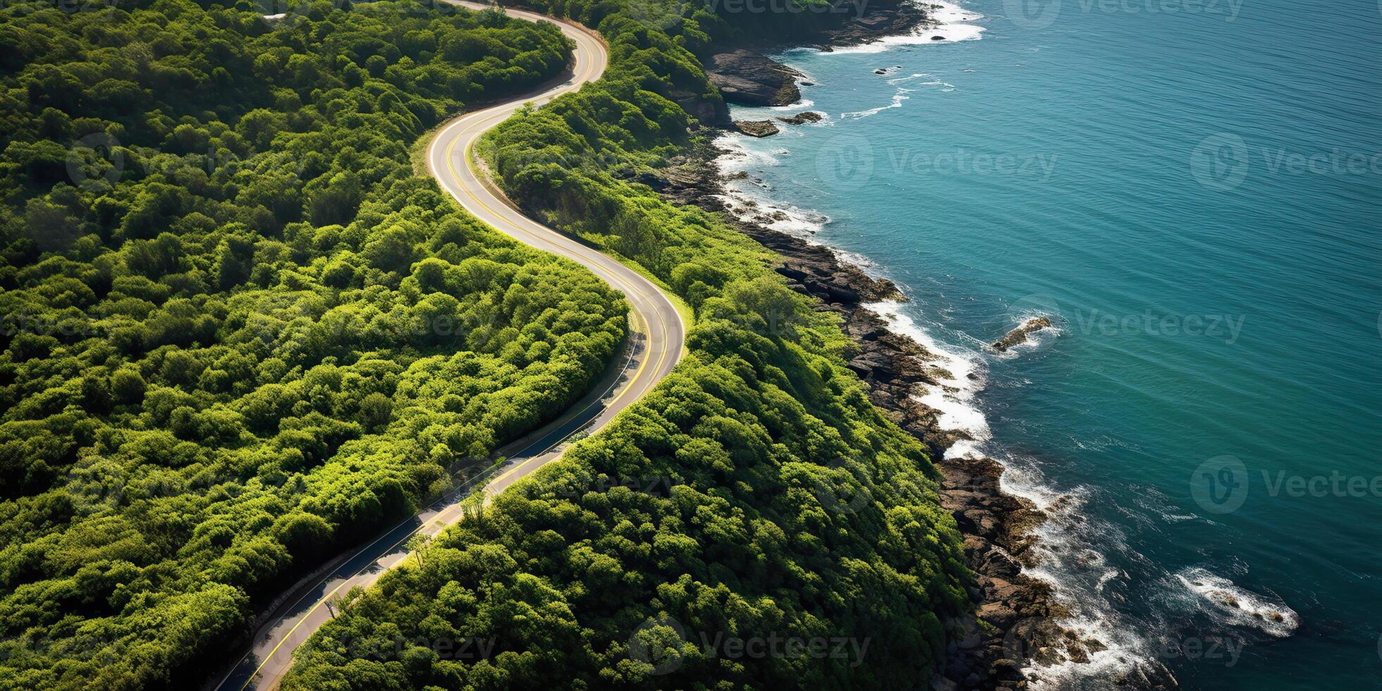 AI generated Beautiful nature outdoor adventure road trip travel road path highway with ocean sea coast photo