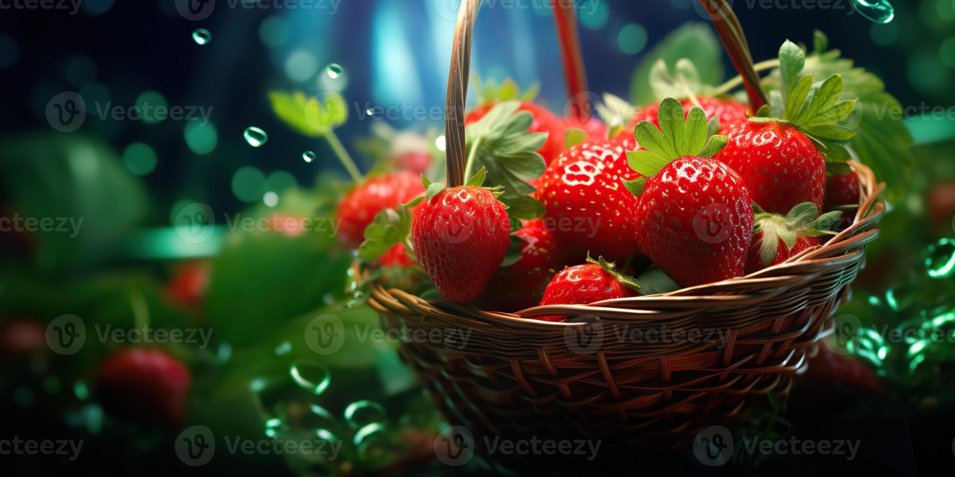 AI generated Fresh raw vegetarian red green berry strawberry in basket. Market plant farmer harvest photo