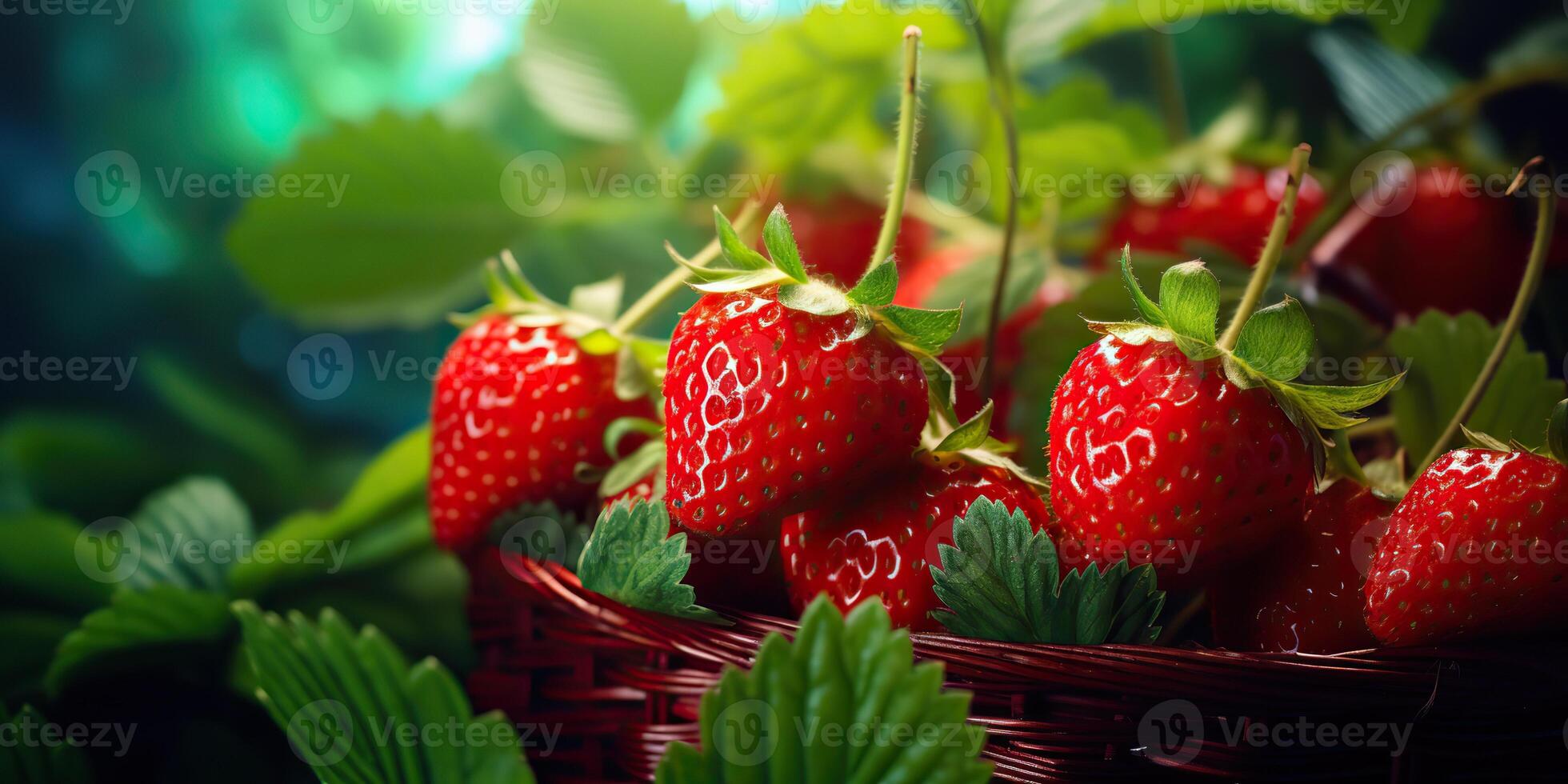 AI generated Fresh raw vegetarian red green berry strawberry in basket. Market plant farmer harvest photo