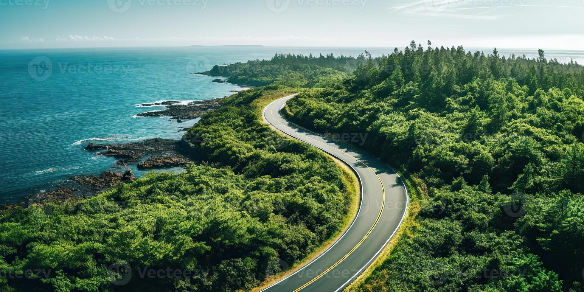 AI generated Beautiful nature outdoor adventure road trip travel road path highway with ocean sea coast photo