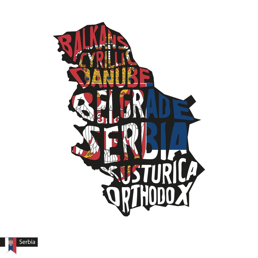 tipografía mapa silueta de serbia en negro y bandera colores. vector