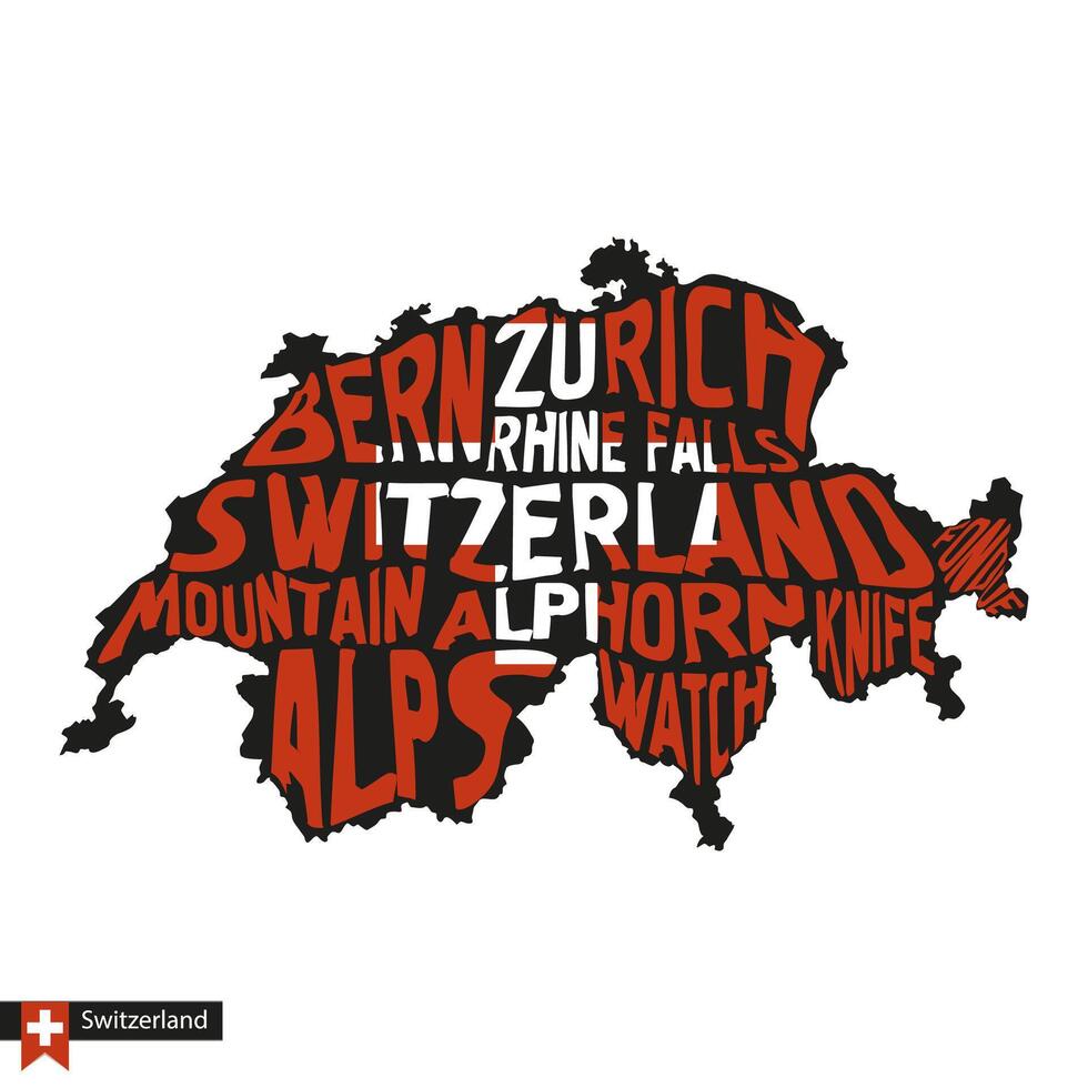 tipografía mapa silueta de Suiza en negro y bandera colores. vector