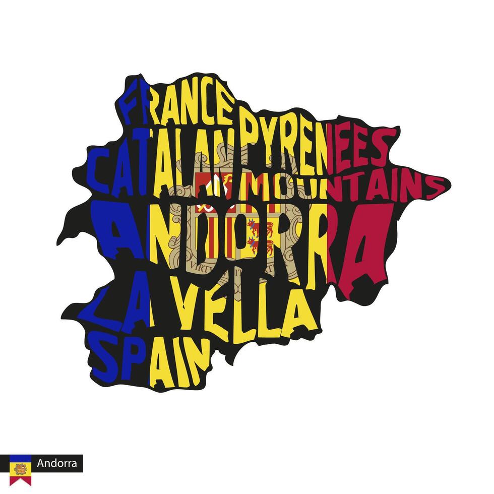 Typography map silhouette of Andorra in black and flag colors. vector