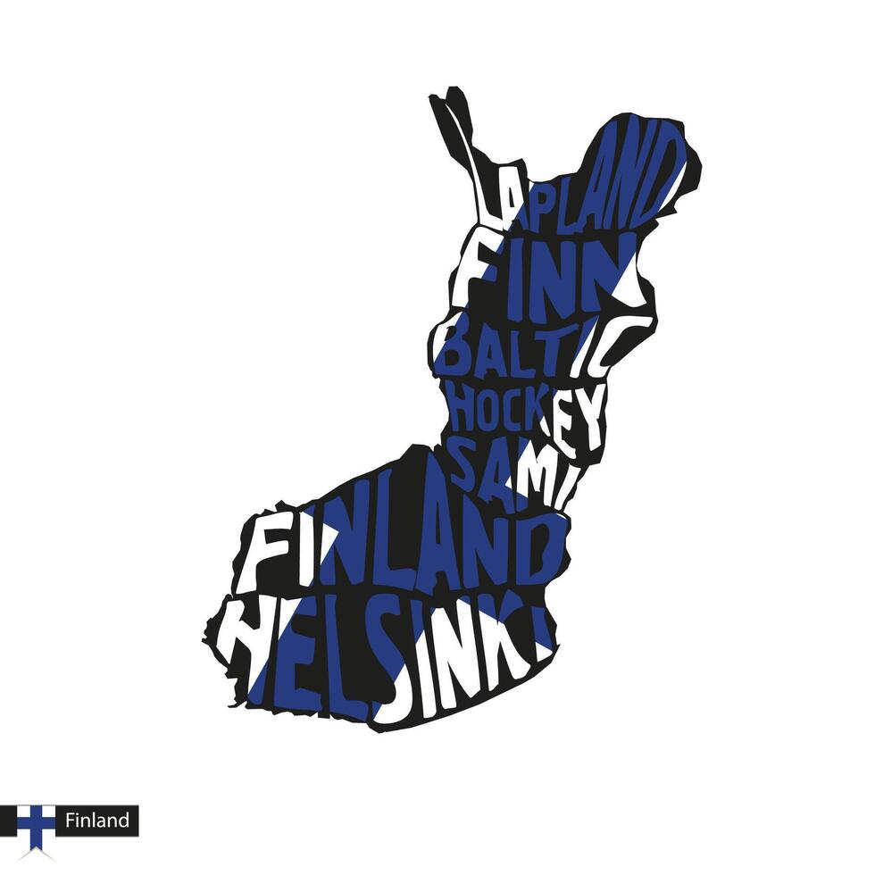 Typography map silhouette of Finland in black and flag colors. vector
