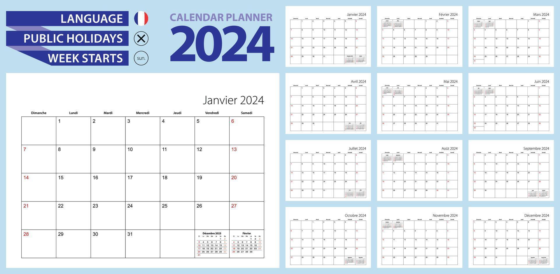 French calendar planner for 2024. French language, week starts from Sunday. vector
