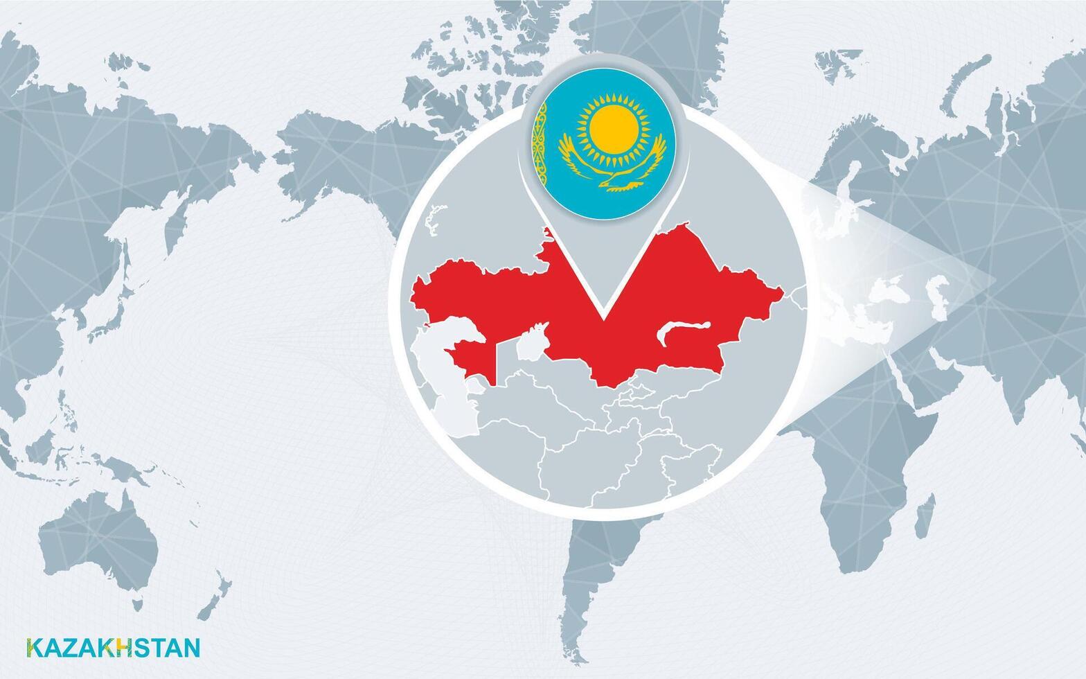 World map centered on America with magnified Kazakhstan. vector