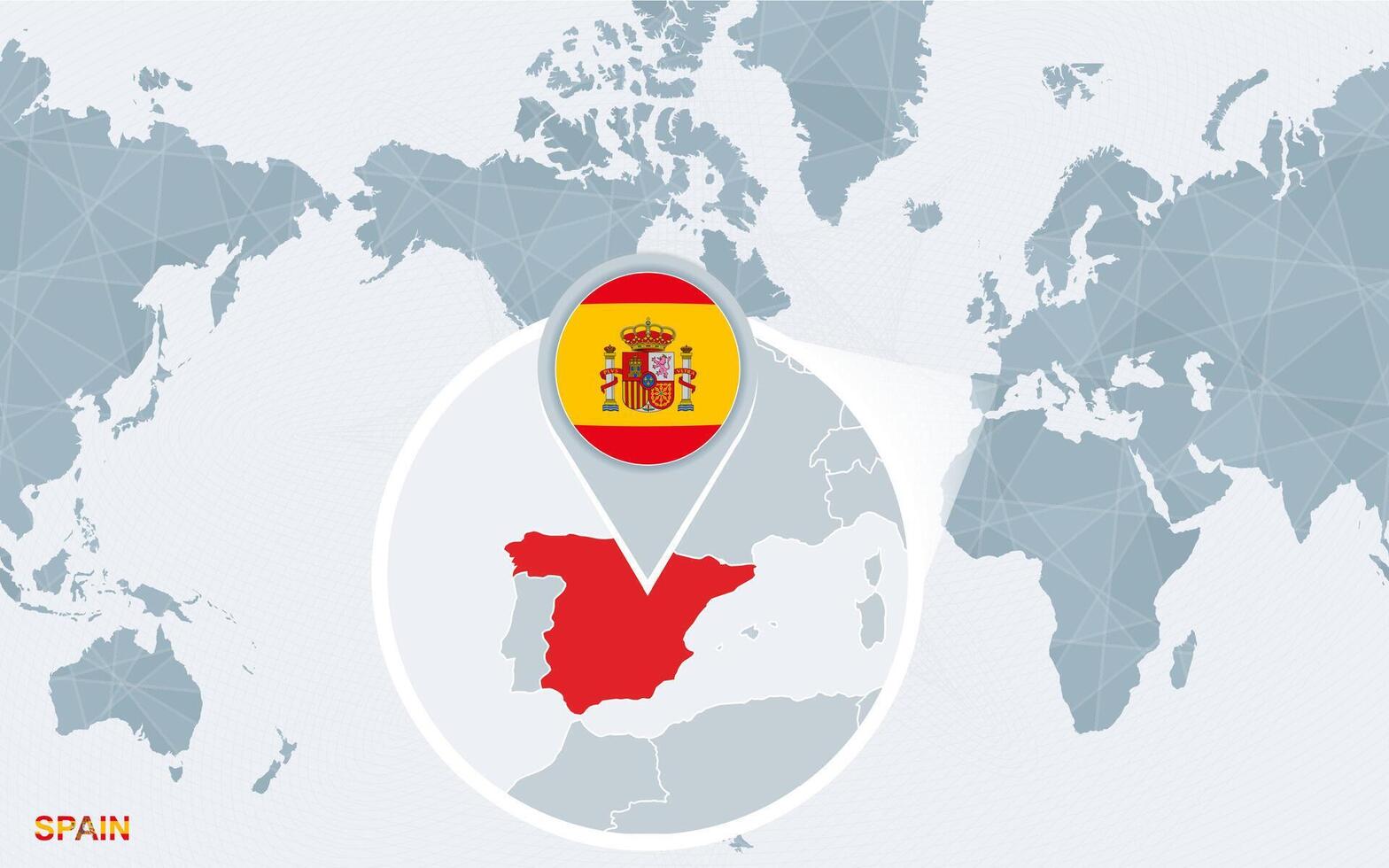 World map centered on America with magnified Spain. vector
