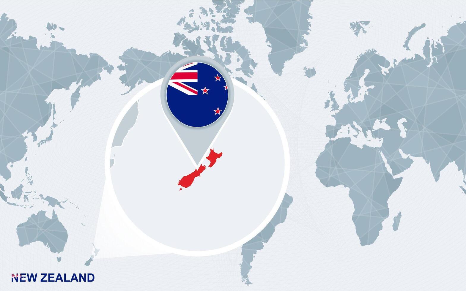 World map centered on America with magnified New Zealand. vector