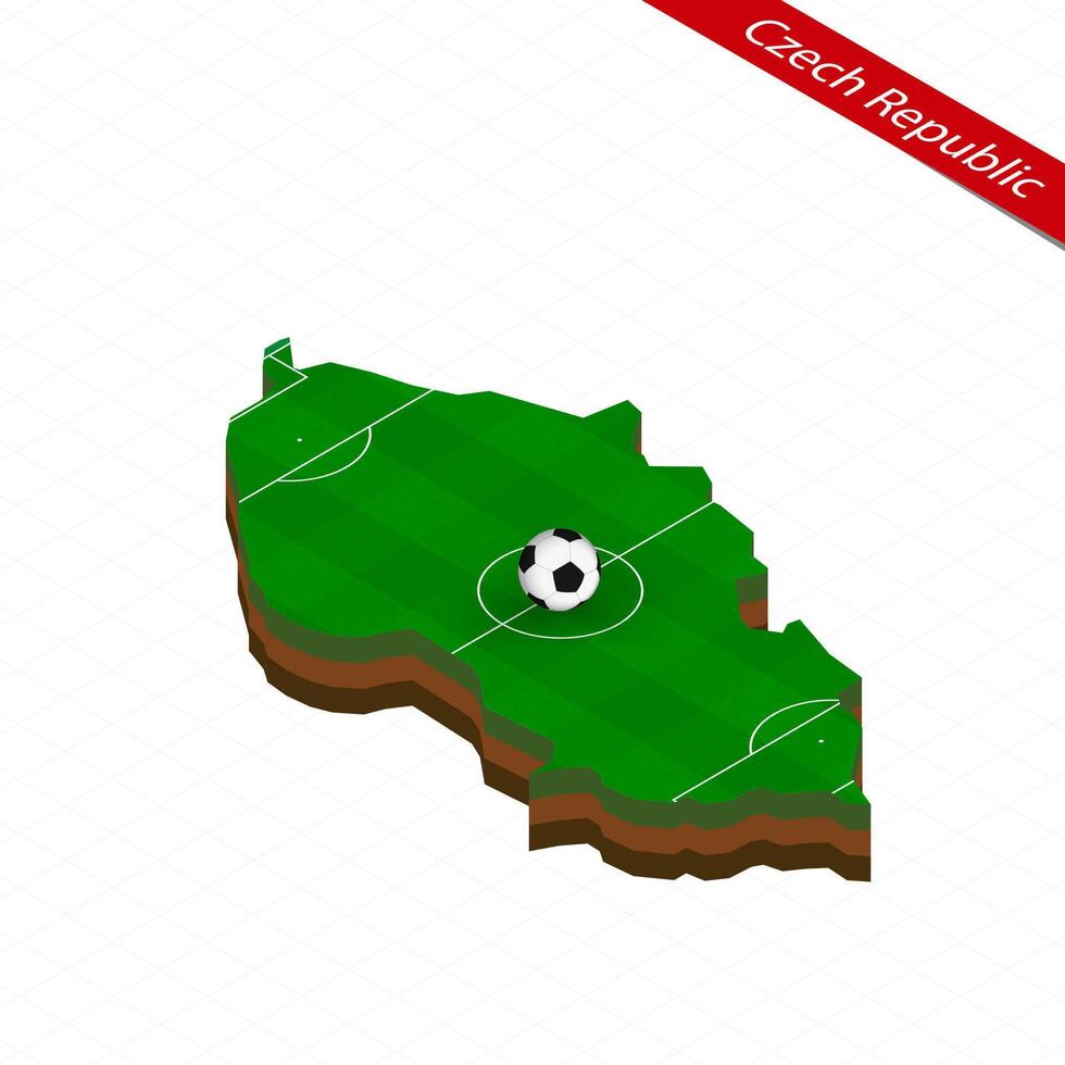 Isometric map of Czech Republic with soccer field. Football ball in center of football pitch. vector