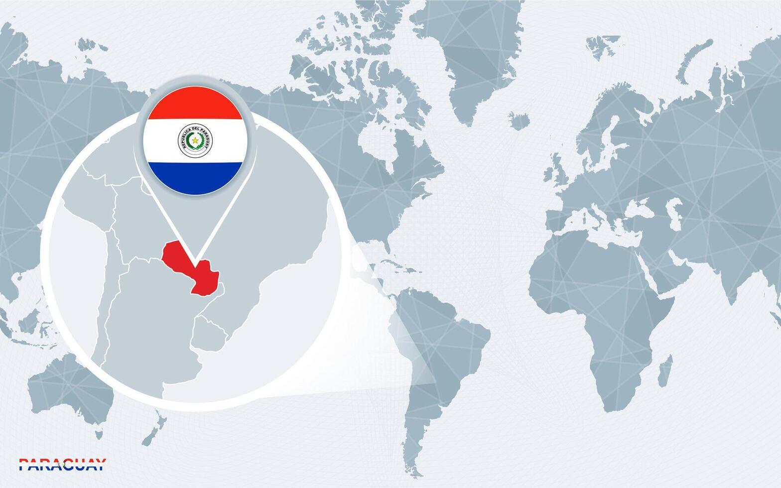 World map centered on America with magnified Paraguay. vector