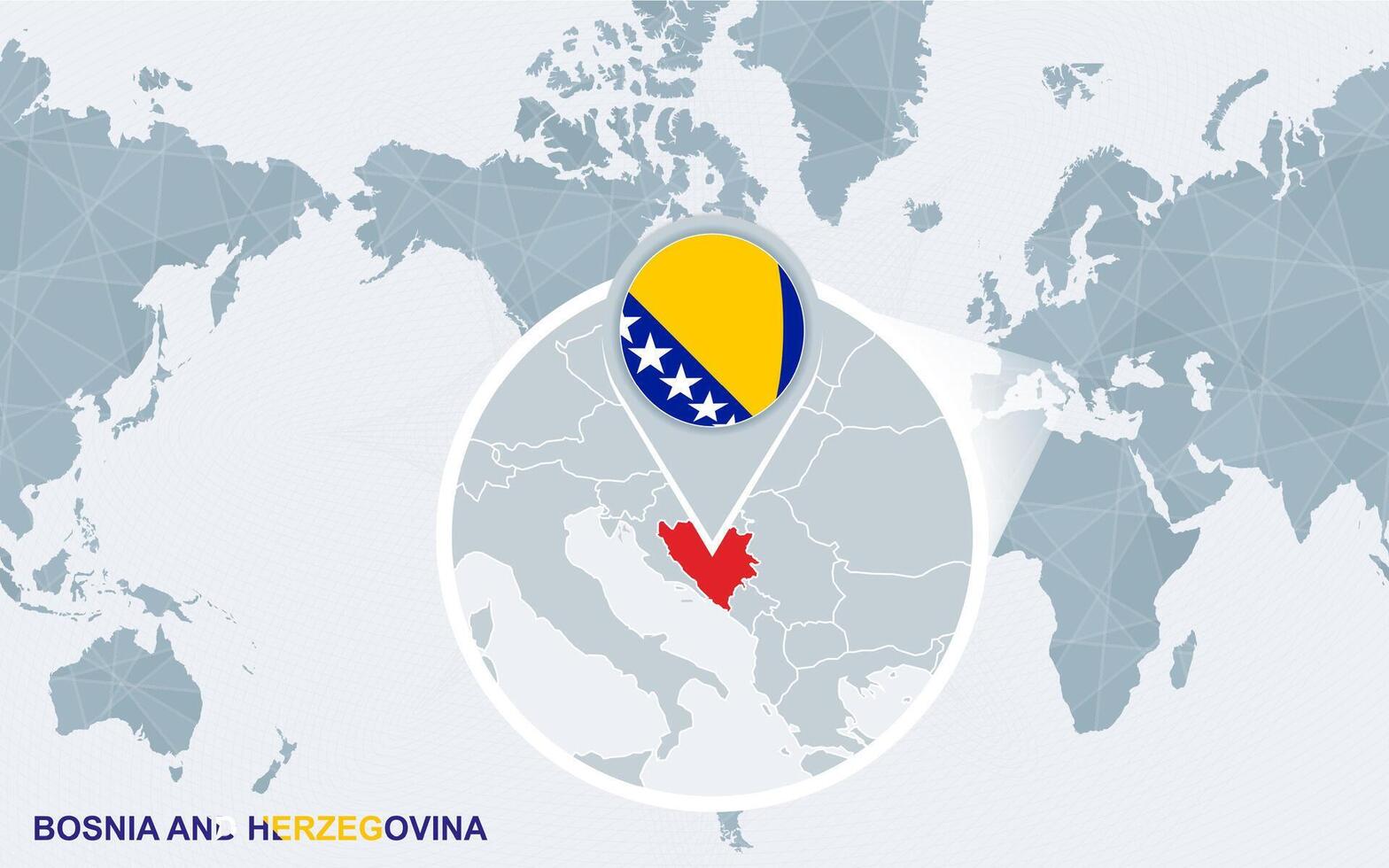 World map centered on America with magnified Bosnia and Herzegovina. vector