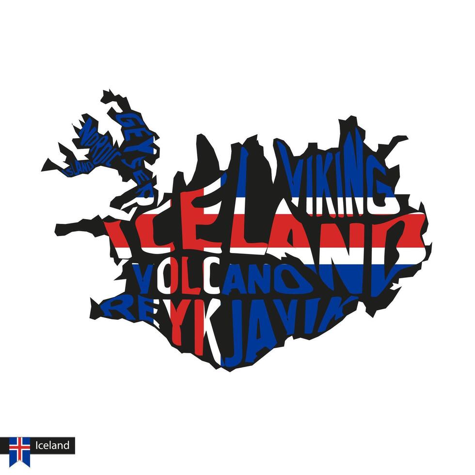 Typography map silhouette of Iceland in black and flag colors. vector