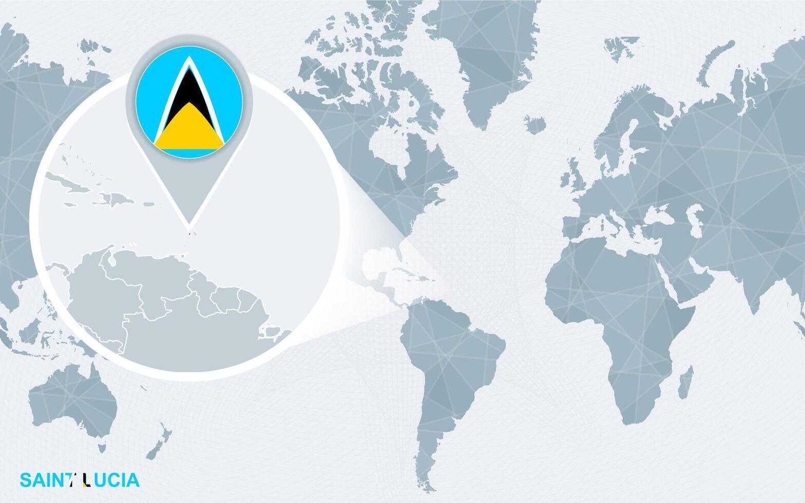 World map centered on America with magnified Saint Lucia. vector