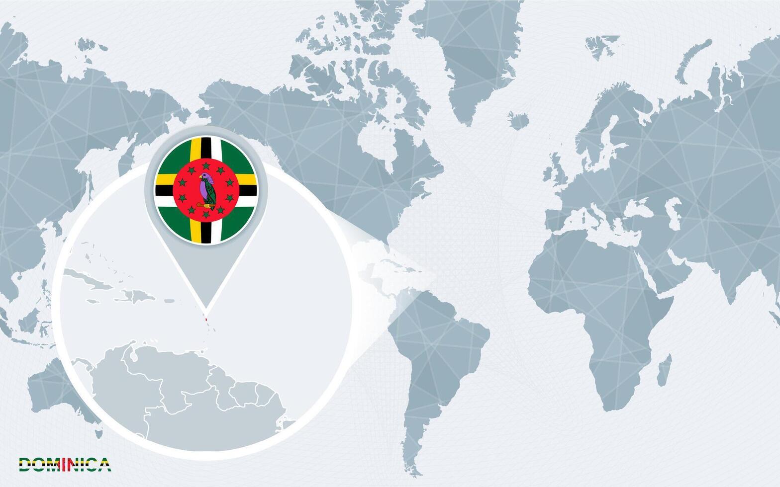 World map centered on America with magnified Dominica. vector