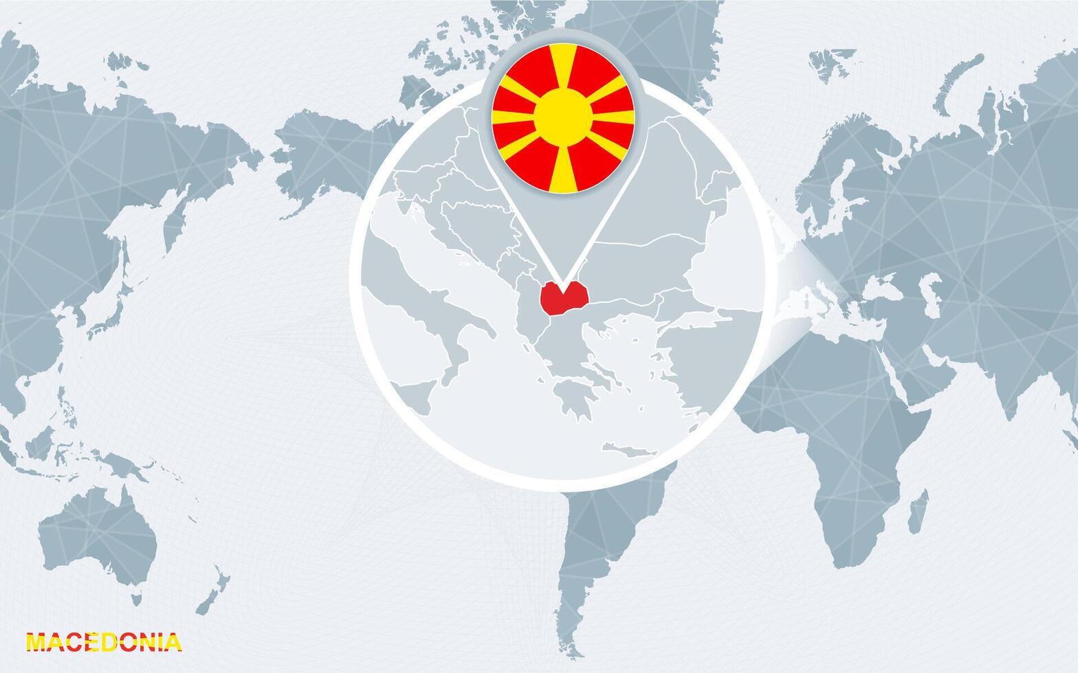 World map centered on America with magnified Macedonia. vector