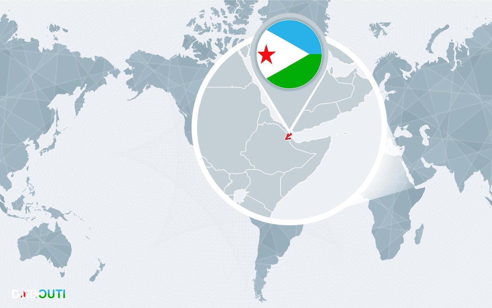 World map centered on America with magnified Djibouti. vector