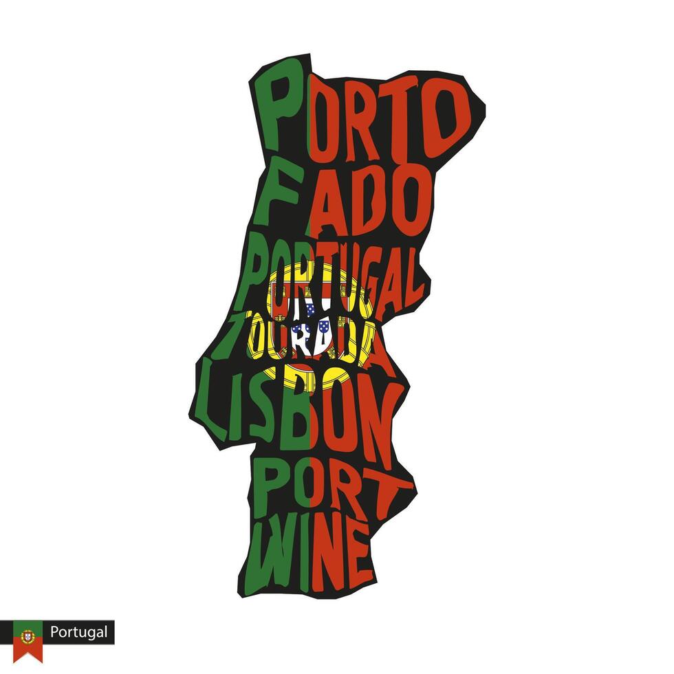 Typography map silhouette of Portugal in black and flag colors. vector