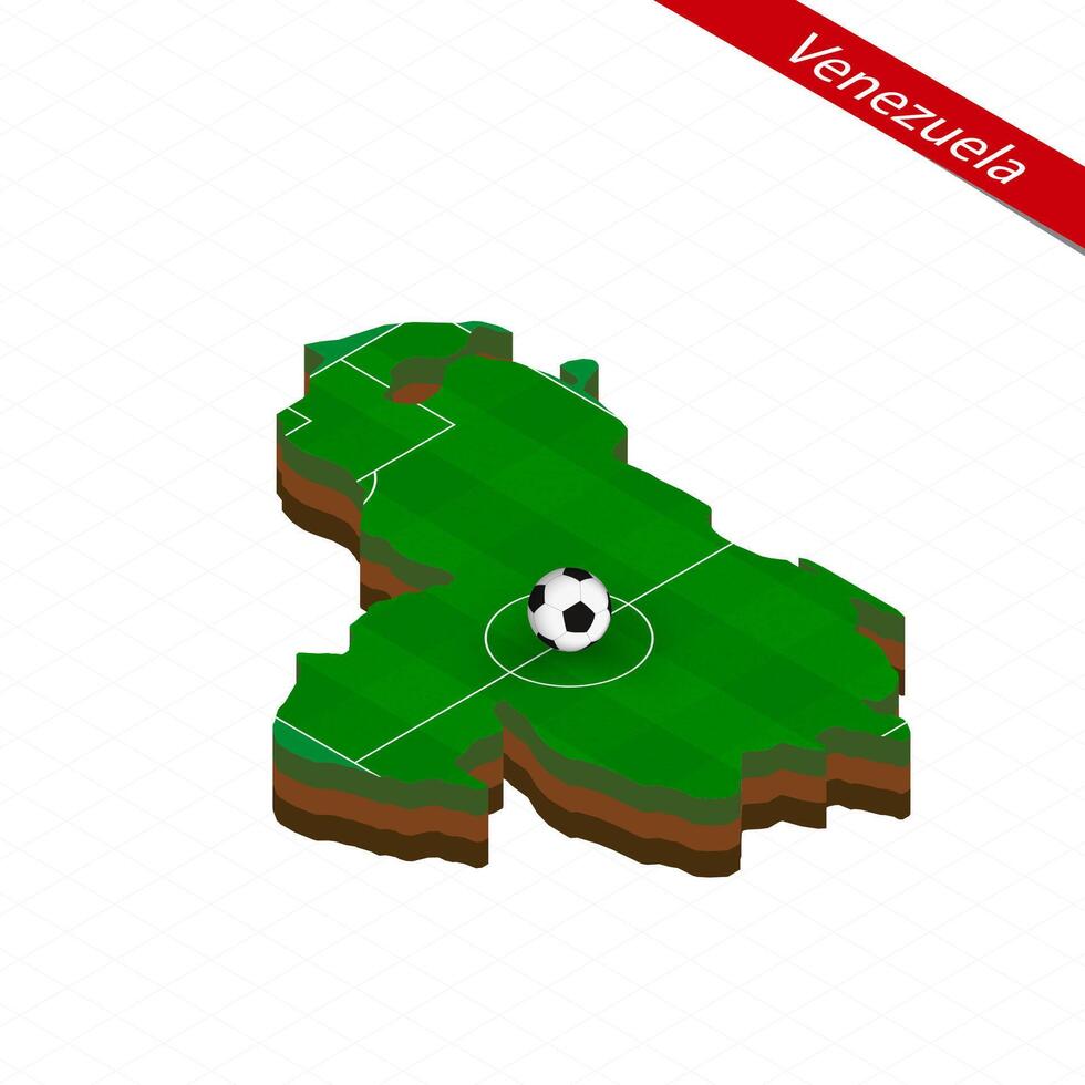 Isometric map of Venezuela with soccer field. Football ball in center of football pitch. vector