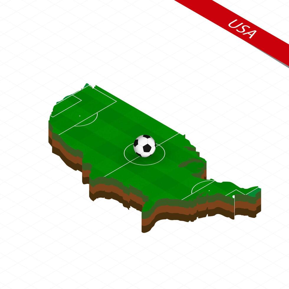 Isometric map of United States of America with soccer field. Football ball in center of football pitch. vector