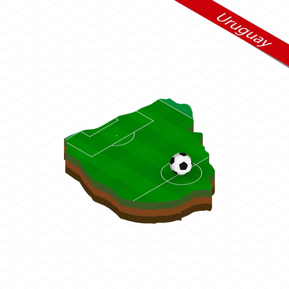 Isometric map of Uruguay with soccer field. Football ball in center of football pitch. vector