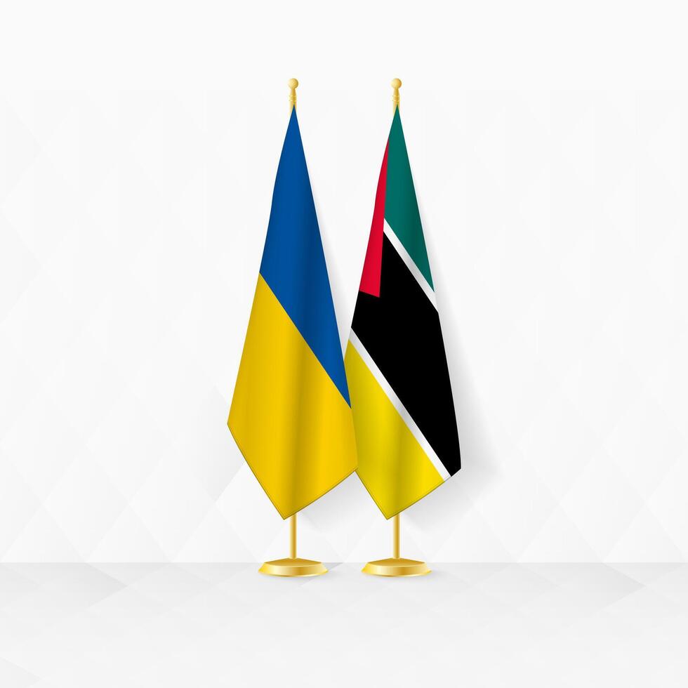 Ukraine and Mozambique flags on flag stand, illustration for diplomacy and other meeting between Ukraine and Mozambique. vector