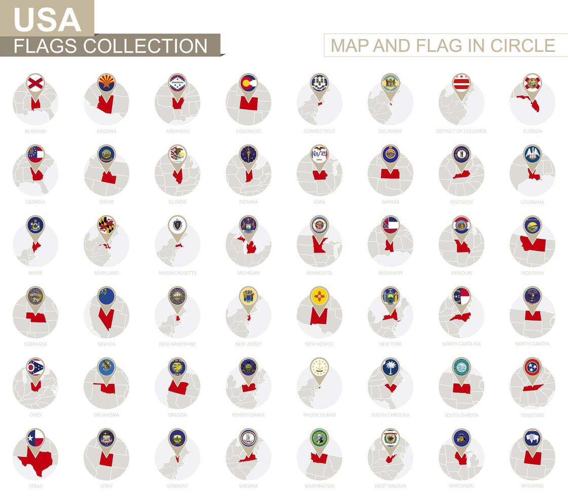 Map and Flag in Circle, U.S. states Collection. vector