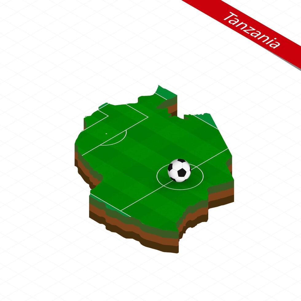 Isometric map of Tanzania with soccer field. Football ball in center of football pitch. vector