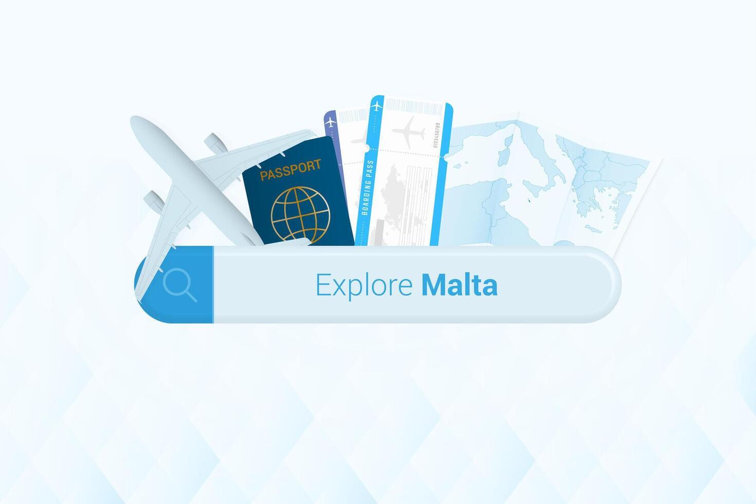 buscando Entradas a Malta o viaje destino en Malta. buscando bar con avión, pasaporte, embarque aprobar, Entradas y mapa. vector