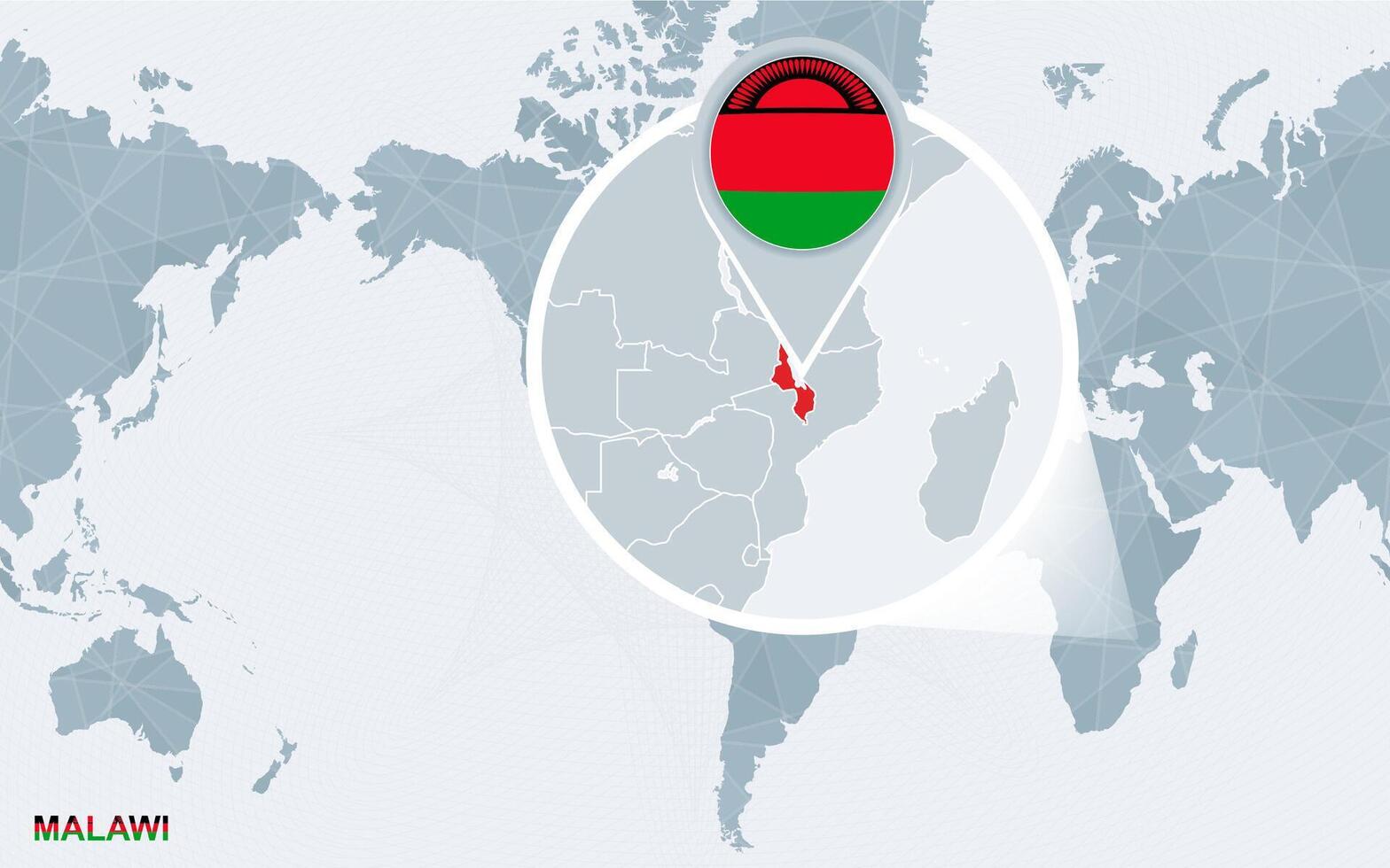World map centered on America with magnified Malawi. vector