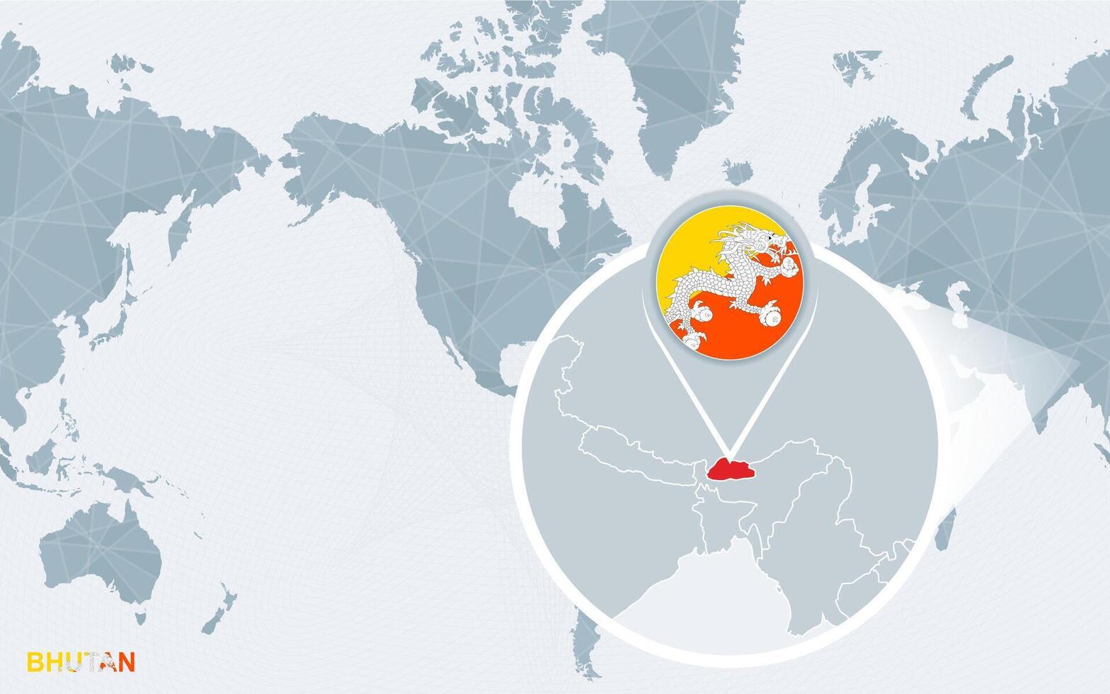 World map centered on America with magnified Bhutan. vector