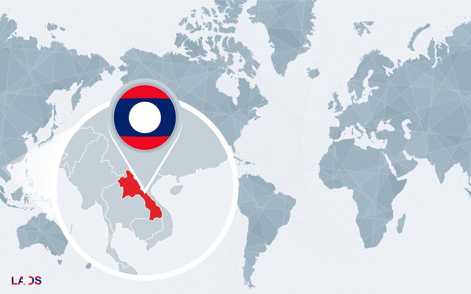 World map centered on America with magnified Laos. vector